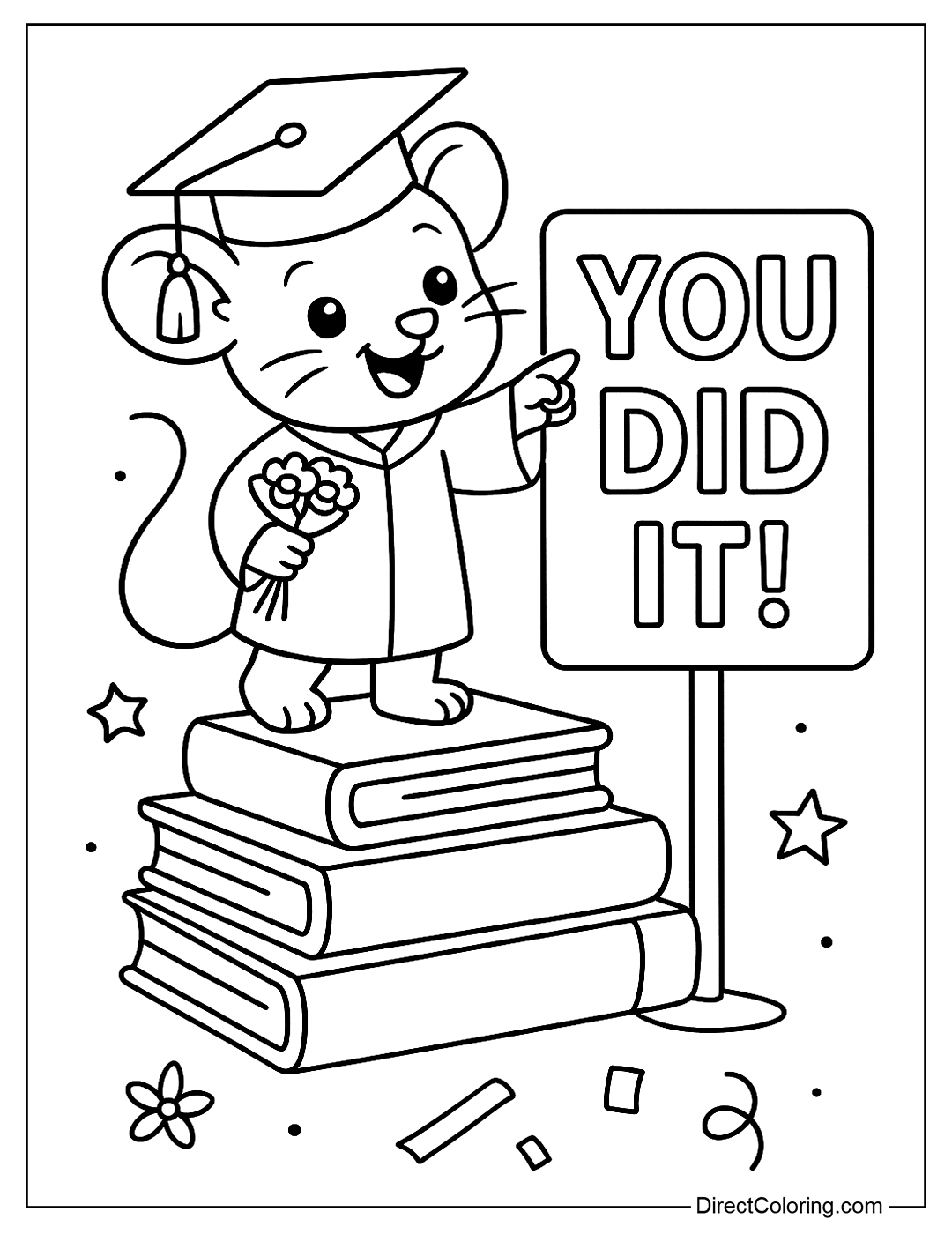 Coloring page with a cartoon mouse standing on a pile of books, wearing a graduation cap, pointing at the “You Did It!” board